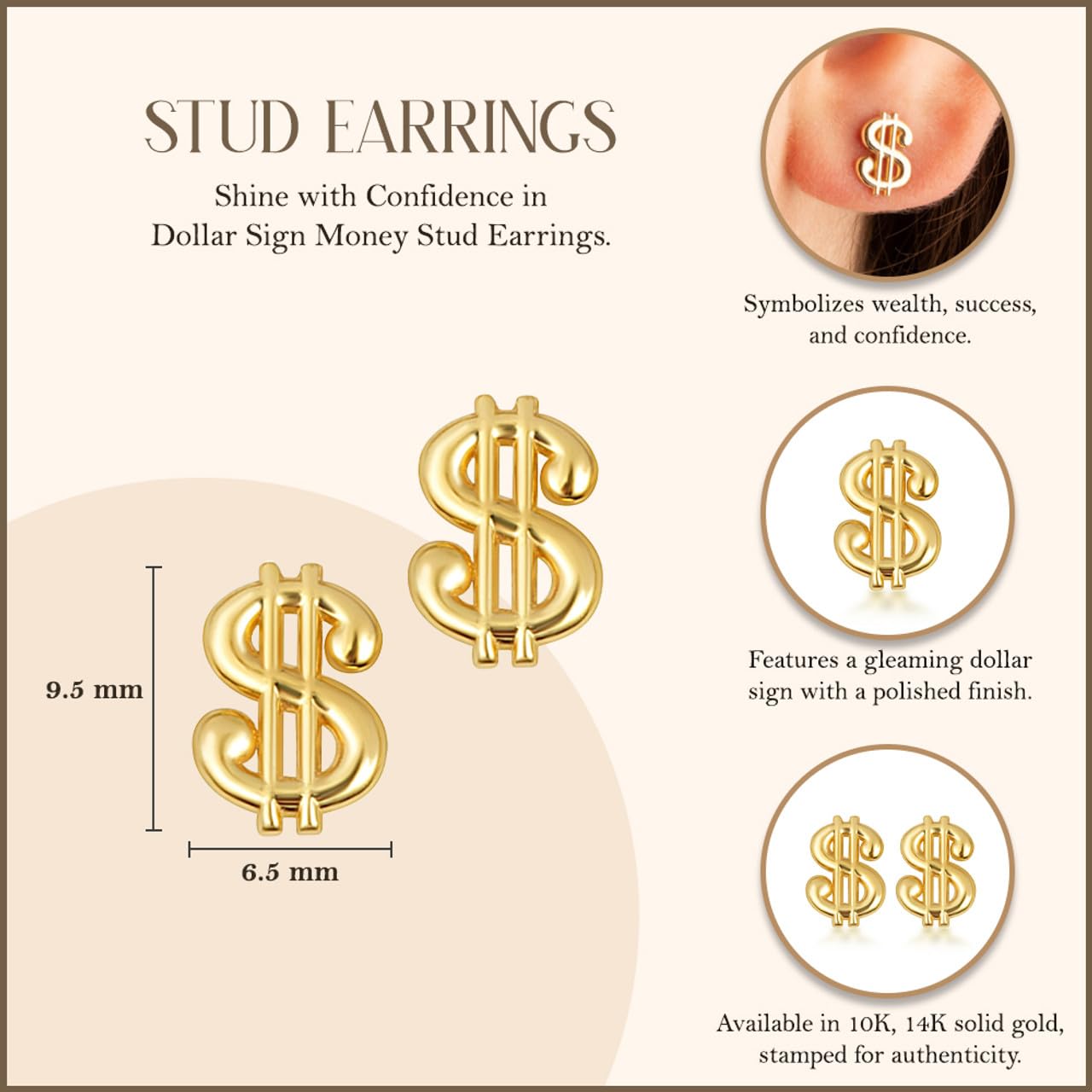 Claddagh Gold 10K & 14K Yellow Dollar Sign Money Stud Earrings