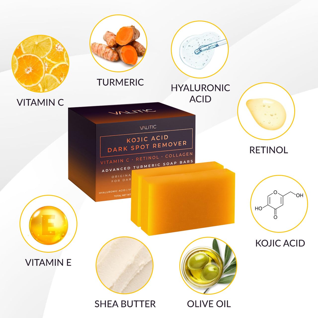 Kojic Acid Dark Spot Remover Soap Bars with Vitamin C, Retinol, Collagen, Turmeric - Original Japanese Complex (2 Pack)