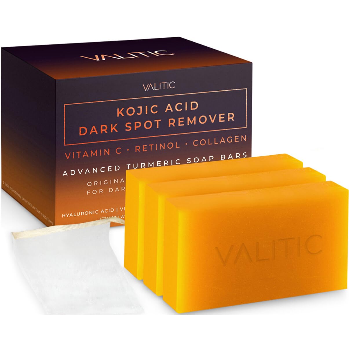 Kojic Acid Dark Spot Remover Soap Bars with Vitamin C, Retinol, Collagen, Turmeric - Original Japanese Complex (2 Pack)
