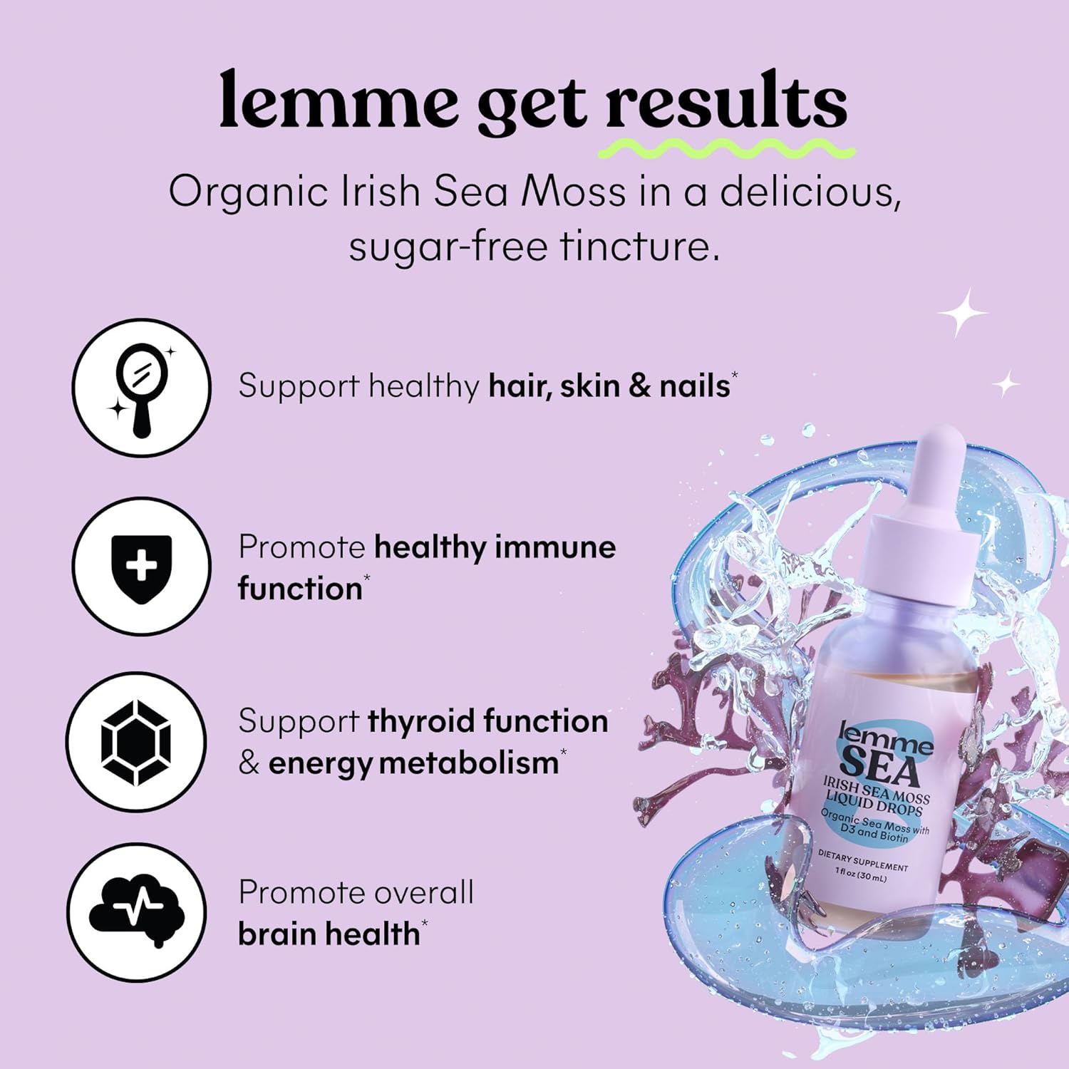 Lemme Irish Sea Moss Organic Liquid Drops with Vitamin D3 and Biotin for Trace Mineral Support, Immunity, Hair, Skin & Nails, Brain Health