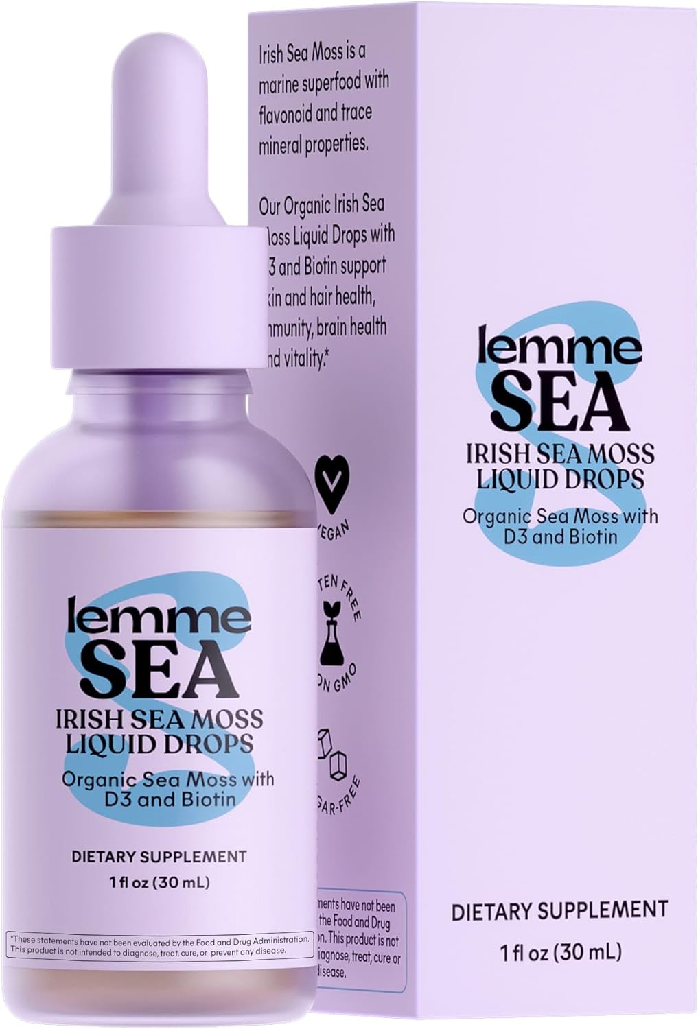 Lemme Irish Sea Moss Organic Liquid Drops with Vitamin D3 and Biotin for Trace Mineral Support, Immunity, Hair, Skin & Nails, Brain Health