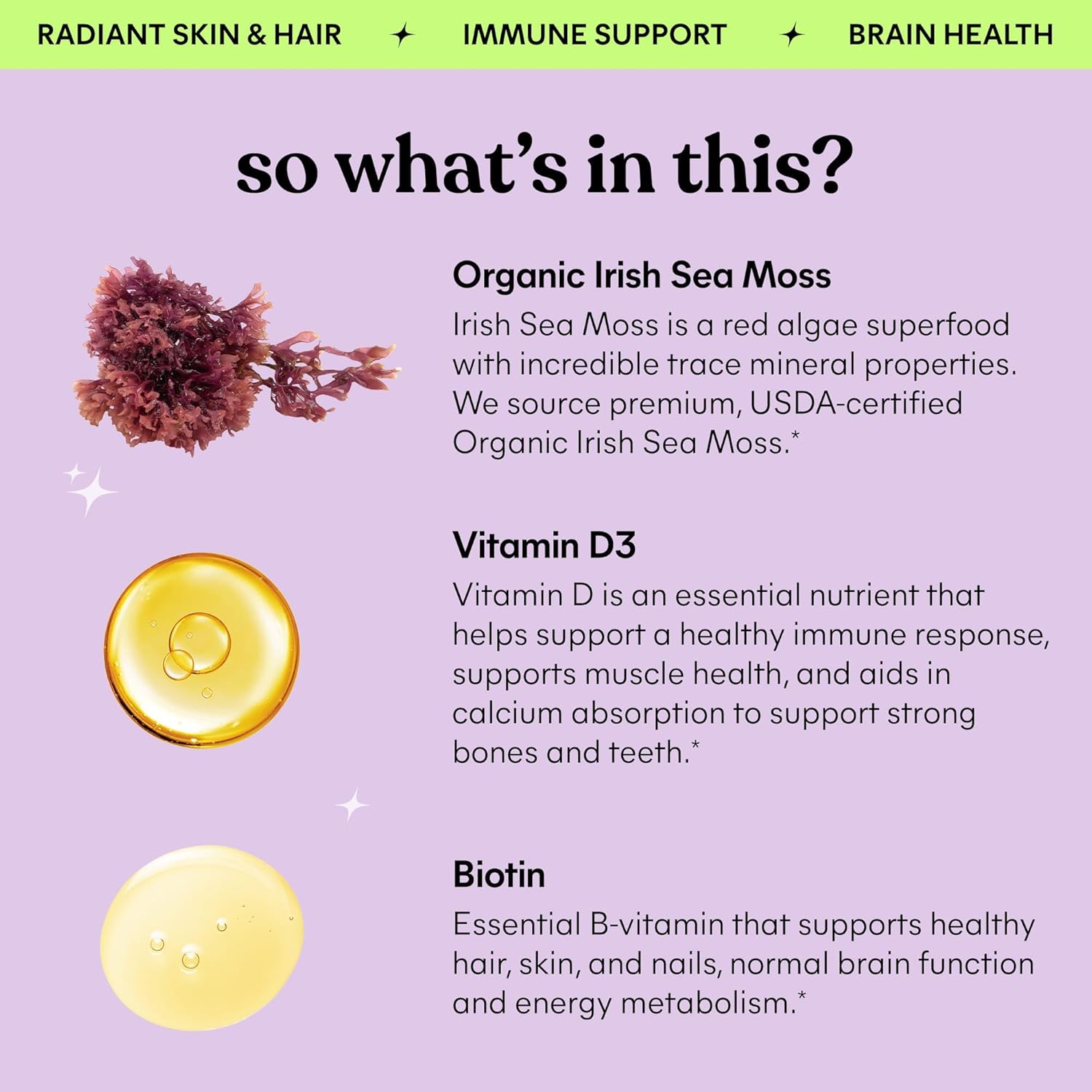 Lemme Irish Sea Moss Organic Liquid Drops with Vitamin D3 and Biotin for Trace Mineral Support, Immunity, Hair, Skin & Nails, Brain Health