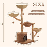 Modern Cat Tree Tower for Large Cats w/2 Flower Perches-Natural Solid Wood Scratching Post with Real Branch