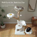 Modern Cat Tree Tower for Large Cats w/2 Flower Perches-Natural Solid Wood Scratching Post with Real Branch
