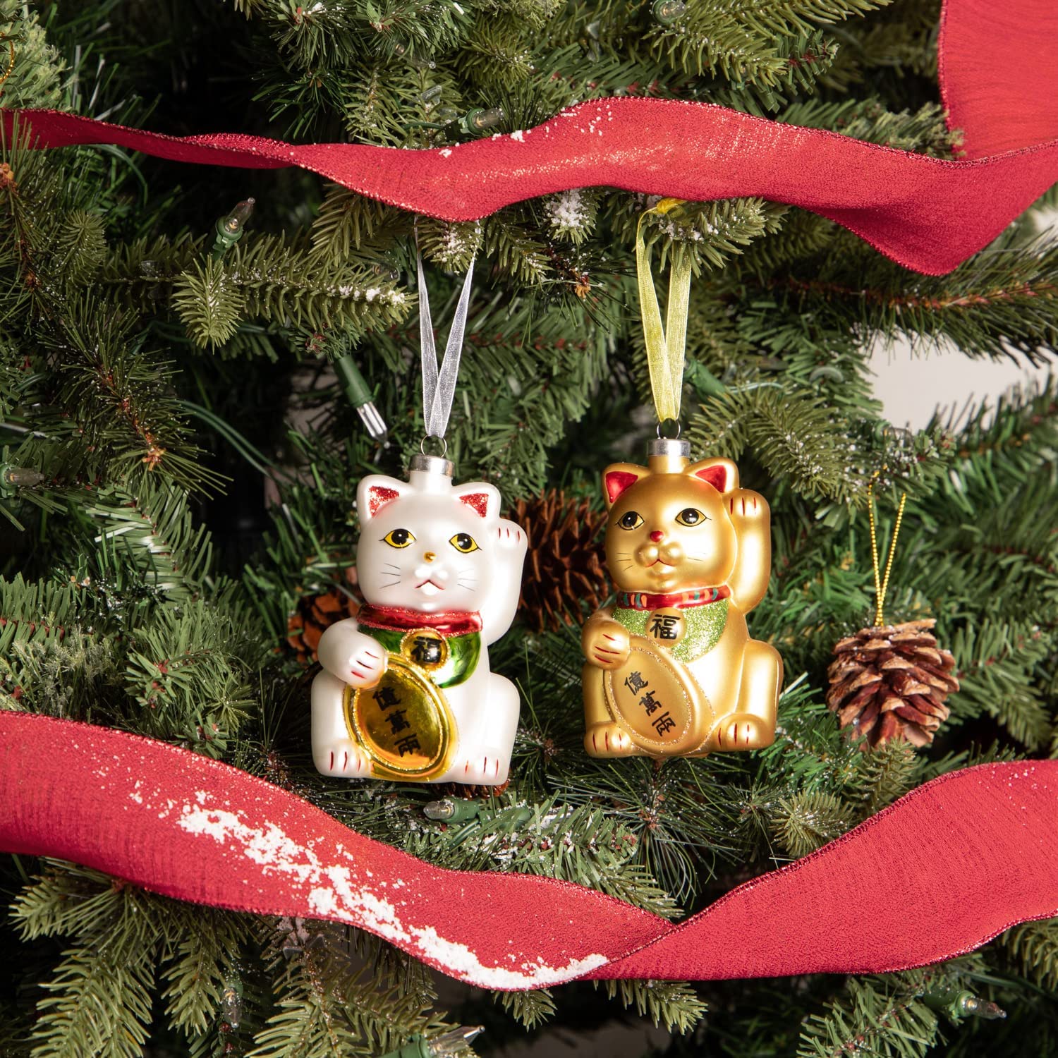 Lucky Cat Blown Glass Ornaments