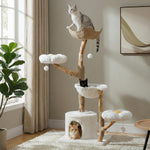 Modern Cat Tree Tower for Large Cats w/2 Flower Perches-Natural Solid Wood Scratching Post with Real Branch