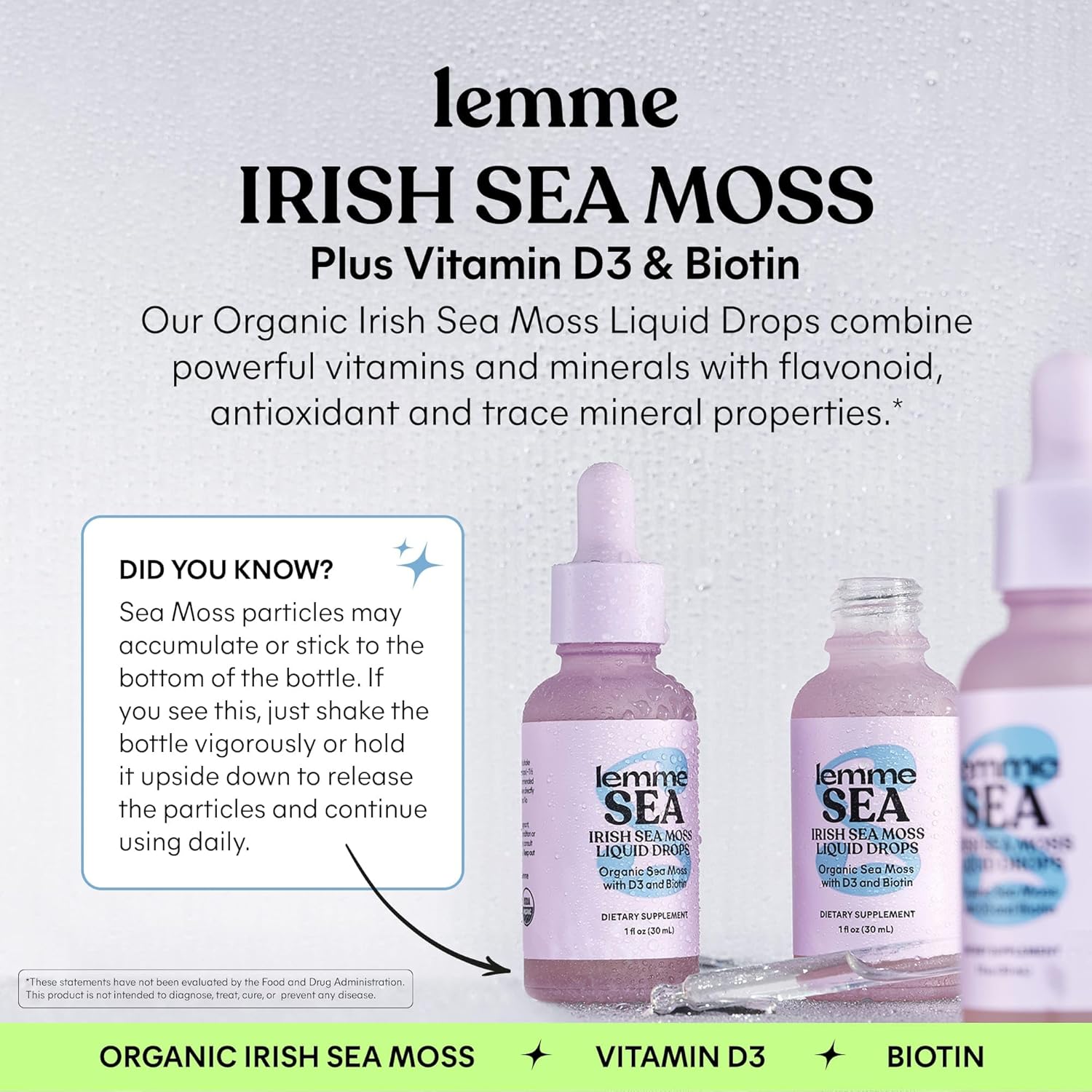 Lemme Irish Sea Moss Organic Liquid Drops with Vitamin D3 and Biotin for Trace Mineral Support, Immunity, Hair, Skin & Nails, Brain Health