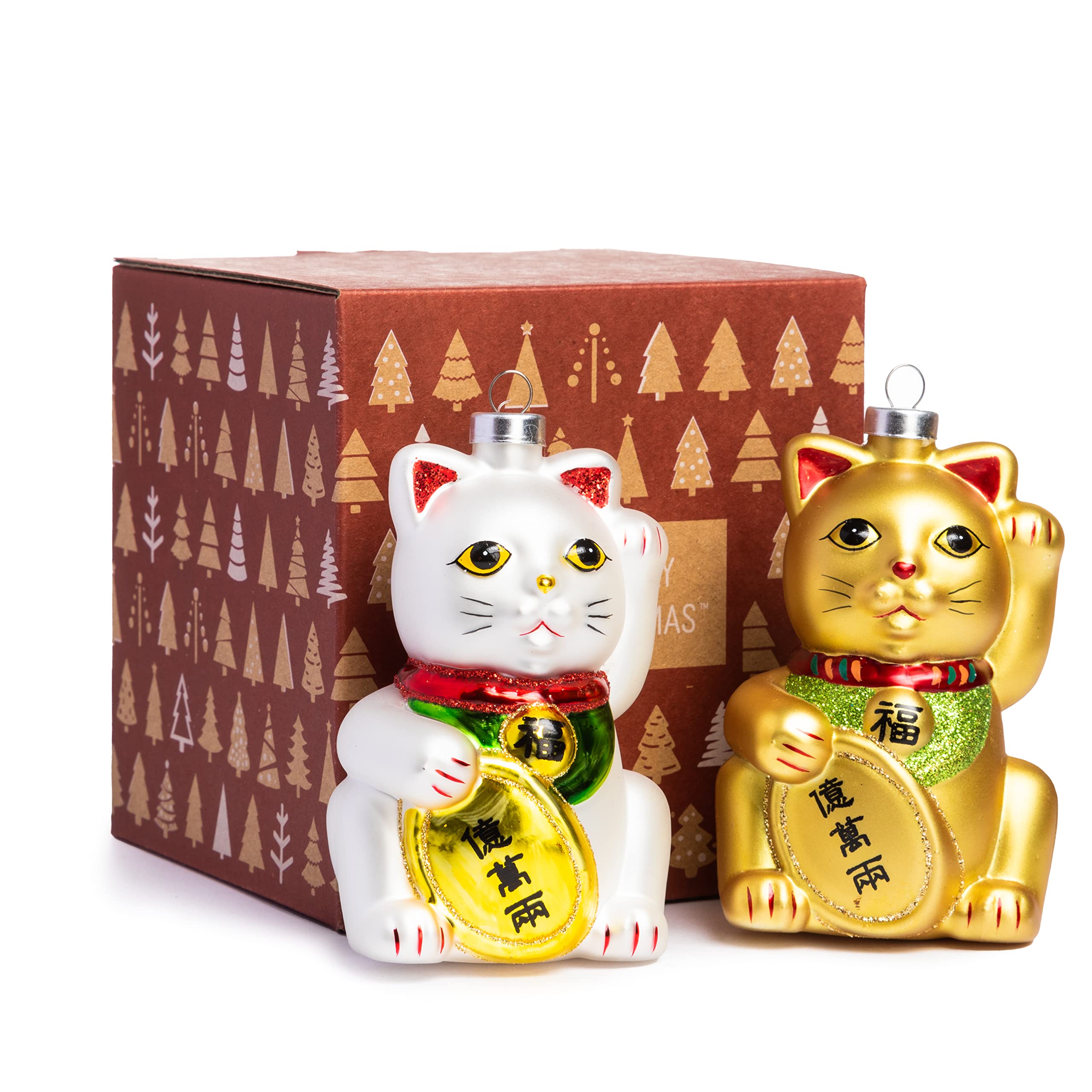 Lucky Cat Blown Glass Ornaments