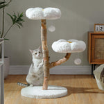Modern Cat Tree Tower for Large Cats w/2 Flower Perches-Natural Solid Wood Scratching Post with Real Branch