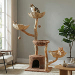 Modern Cat Tree Tower for Large Cats w/2 Flower Perches-Natural Solid Wood Scratching Post with Real Branch