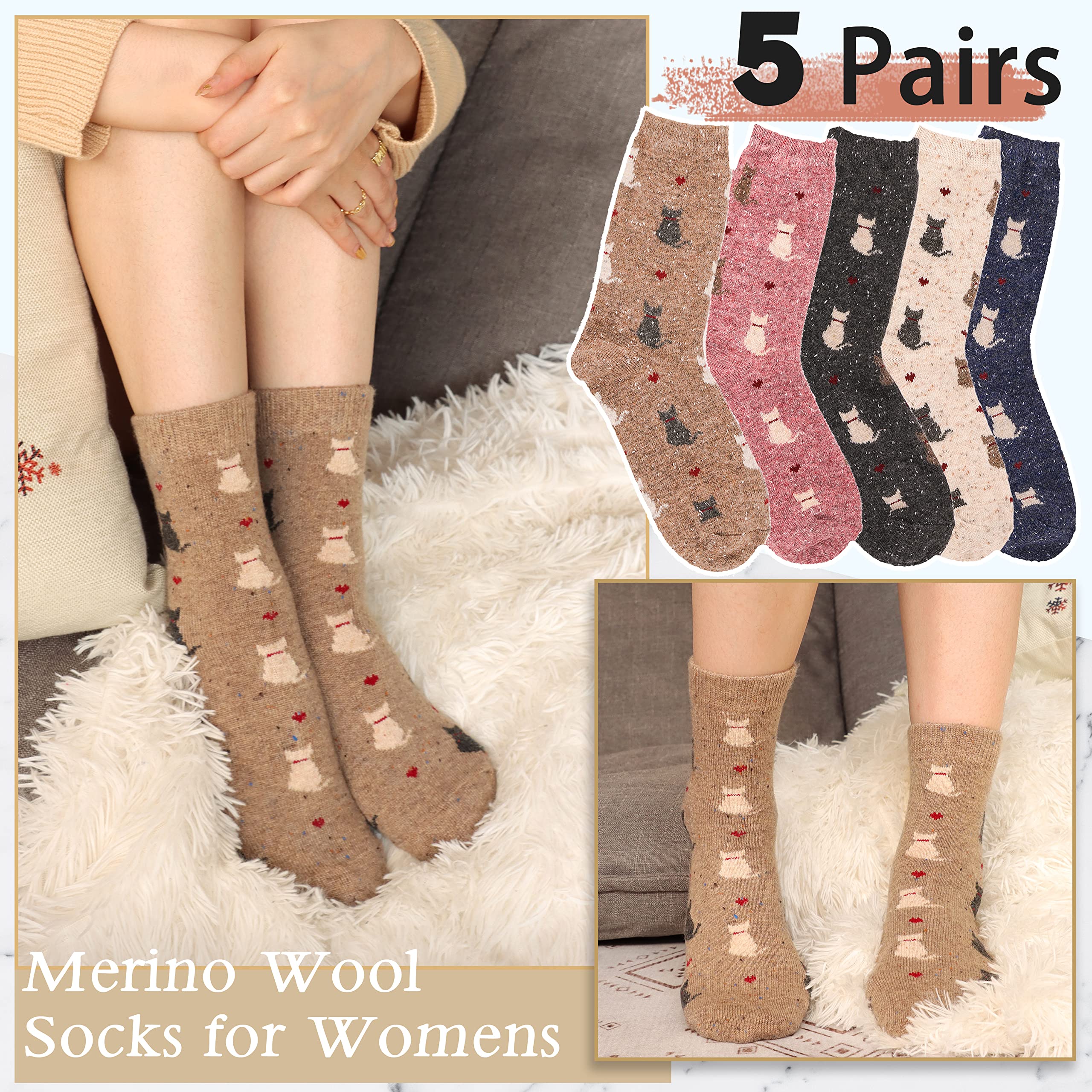 Kitty Hearts Merino Wool Socks (5 Pairs)