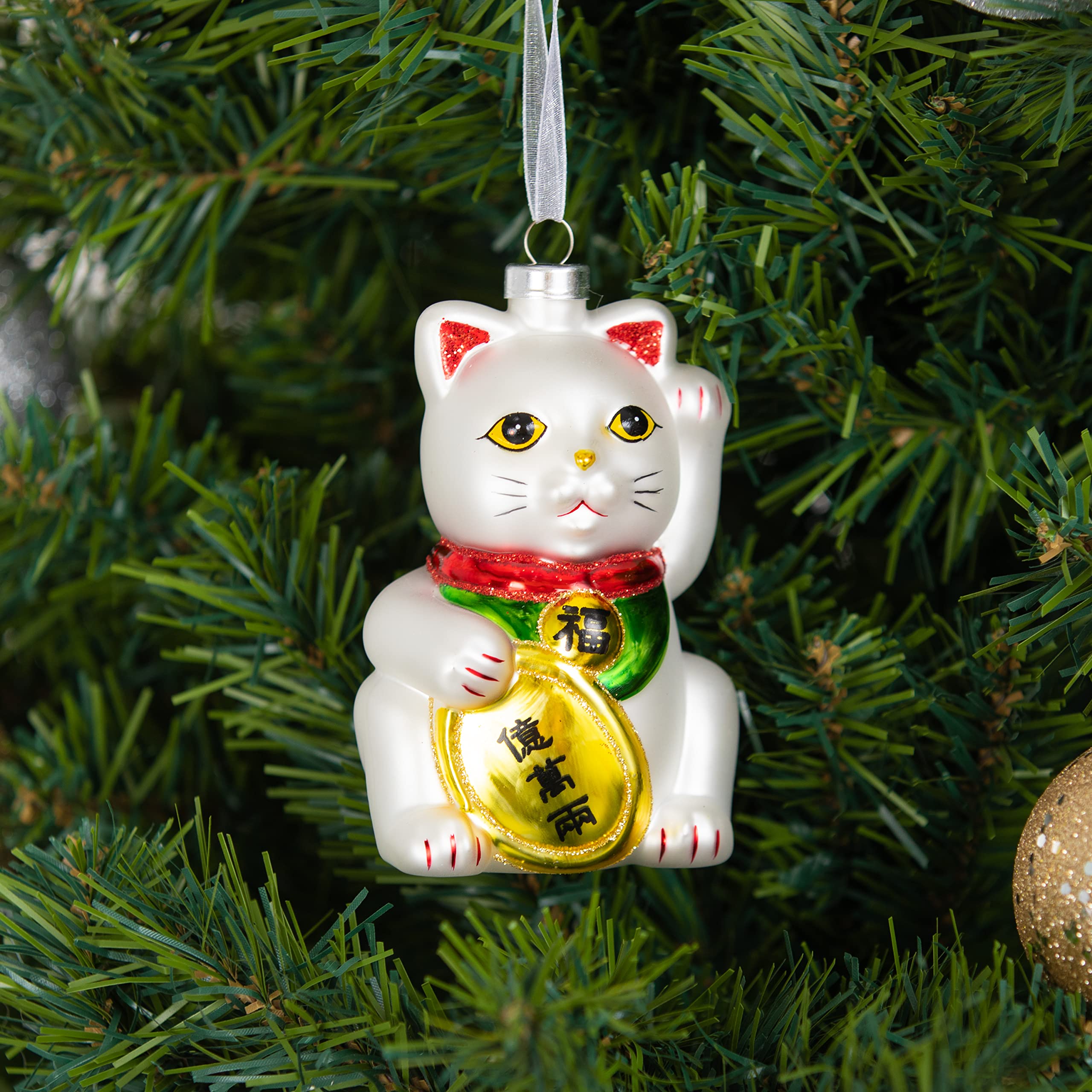 Lucky Cat Blown Glass Ornaments